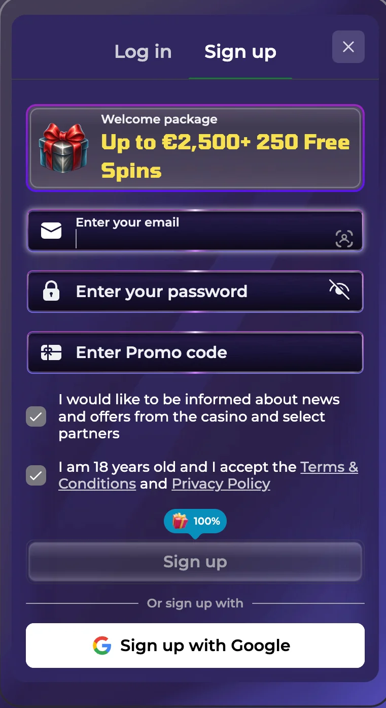Registration form screenshot